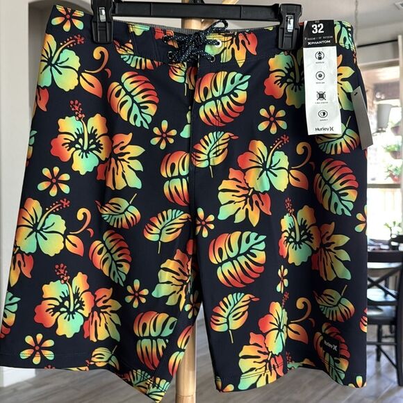 NWT Hurley Board Shorts Swim Phantom Quick Dry 4 Way Stretch Tropical Black 32 - Picture 12 of 13